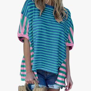 Blue Stripe Colorblock Oversized T-Shirt